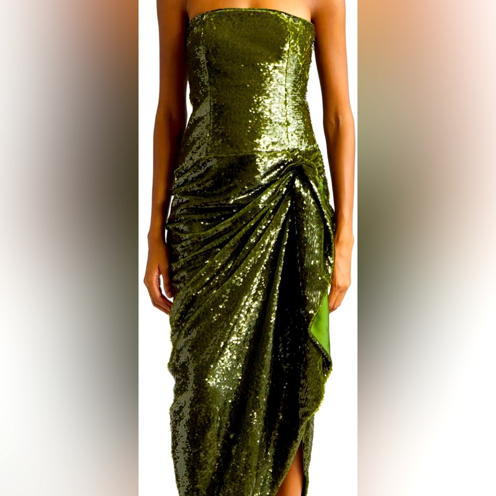 Cinq a Sept Shea Sequin Draped Strapless dress green size 6 strapless dress.
